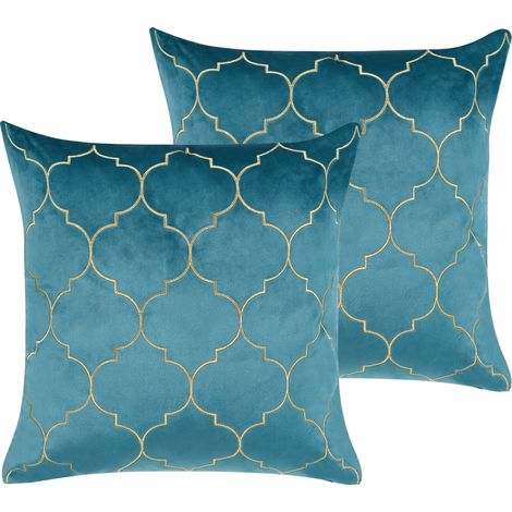 Conjunto de 2 cojines decorativos patrón marroquí 45 x 45 cm moderno azul dorado Alyssum