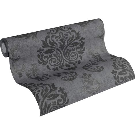 Papier peint intissé - Papier peint baroque en noir, argent et gris - Tapisserie pour différents espaces - Papier peint adhésif en 10,05 m x 0,53 m (1/5)