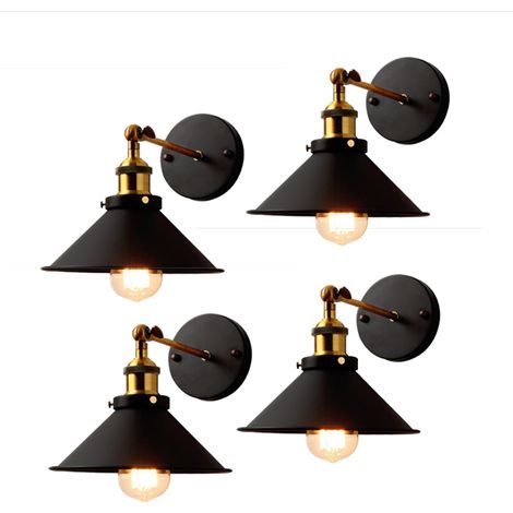 4er Wandleuchte, Vintage Industrielle Wandlampe aus Metall mit Ø22cm Lampenschirm für Schlafzimmer Wohnzimmer Esszimmer (Schwarz)