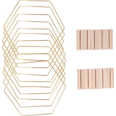 Lot de 10 couronnes de table hexagonales en métal doré, avec base en bois, pour mariage ou salon. (1/5)