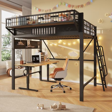 Lit mezzanine 140x200 cm en métal noir avec rangements, pour petits espaces, sans matelas – MEUBLIV (1/5)