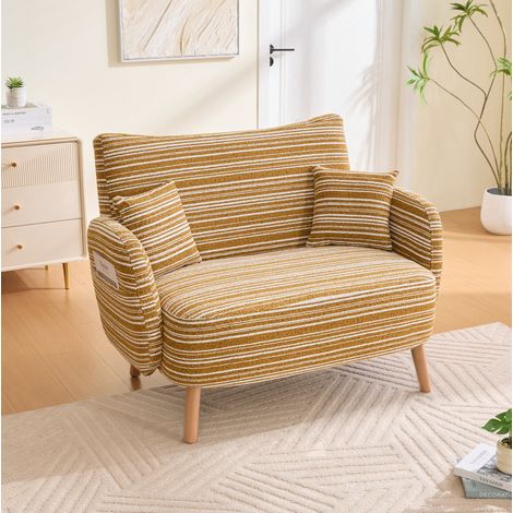 Divano a 2 posti 121x81.5x87 cm, schienale imbottito, tasche laterali, gambe in legno, bouclé giallo senape (1/5)