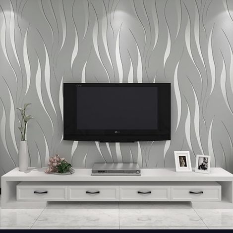 Rouleau de papier peint non-tissé en relief moderne et minimaliste, motif de plantes aquatiques en 3D pour le salon, la chambre à coucher, argenté et gris (0,53×10m) (1/4)