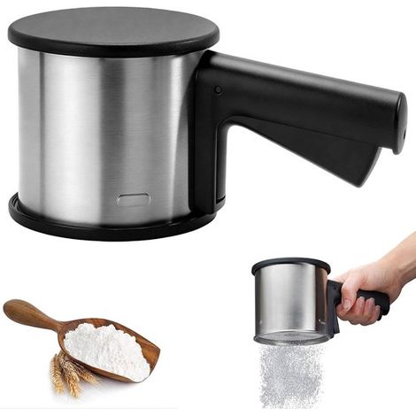 Setaccio per farina in acciaio inox, setaccio manuale con coperchio dosatore, per zucchero, ghiaccio e 300 g. Setaccio manuale per farina di albicocca, cacao, matcha e spezie in polvere. (1/4)