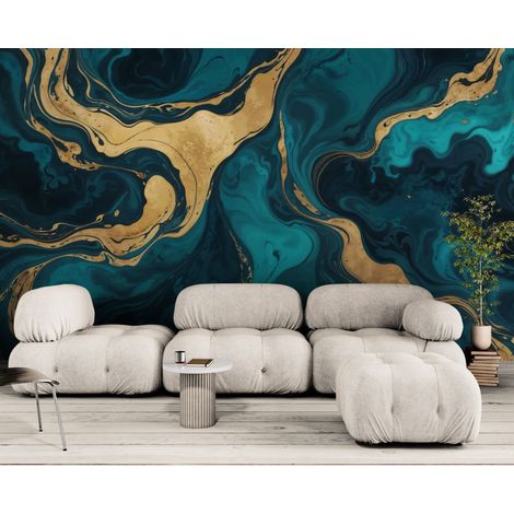 Papier peint Luxe – Marbre liquide bleu canard et or - 150 x 250 cm (1/2)