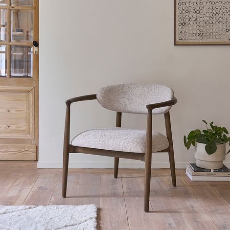Fauteuil en bois massif et tissu texturé beige chiné (1/5)