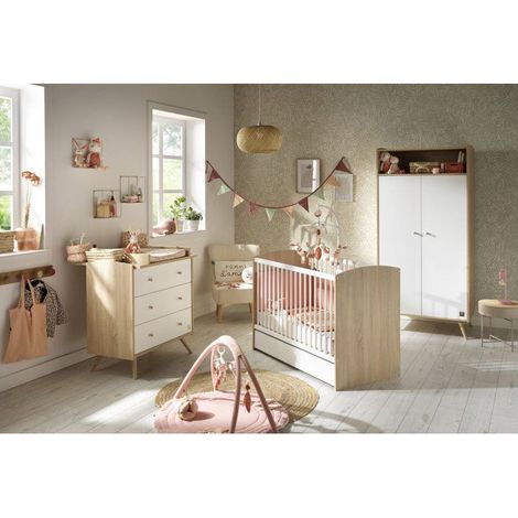 Chambre bébé trio - Lit 120 x 60 cm + Commode 3 tiroirs + Armoire 2 portes - Access - Bois/Blanc - SAUTHON (1/5)