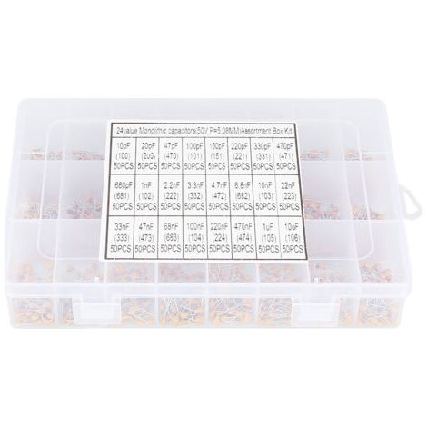 Kit assorti de 1200 condensateurs céramiques monolithiques 50 V, 24 valeurs, 10 pF à 10 µF