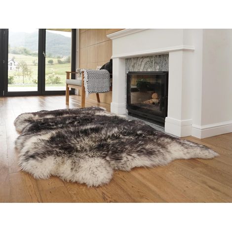 Tappeto XXL in pelle di pecora muflone nera tripla, vera pelle, lana naturale tinta, 64 x 46 pollici (160 x 115 cm) (1/5)