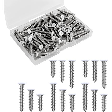 120 Pcs 8 Vis Blanche Tete Plate, Vis à Bois à Tête Plate Vis Bois Inox Vis Autotaraudeuses Vis Autotaraudeuses à Tête Plate pour Vis de Plaques Murales Couvercle L'interrupteur (3 Tailles) (1/5)