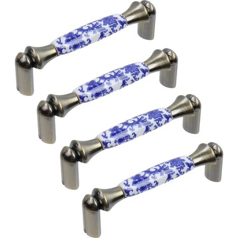 Lot de 4 poignées de tiroir en céramique avec vis - Distance entre les trous 96 mm - poignées de porte d'armoires de cuisine - bronze bleu floral (1/5)
