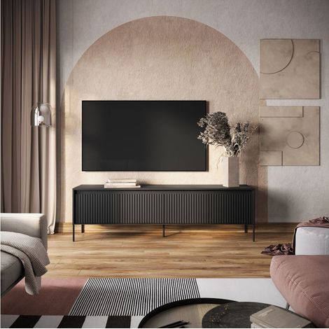 BOBOCHIC - Meuble TV 4 portes 193 cm LENARA avec tasseaux et LED Noir (1/4)