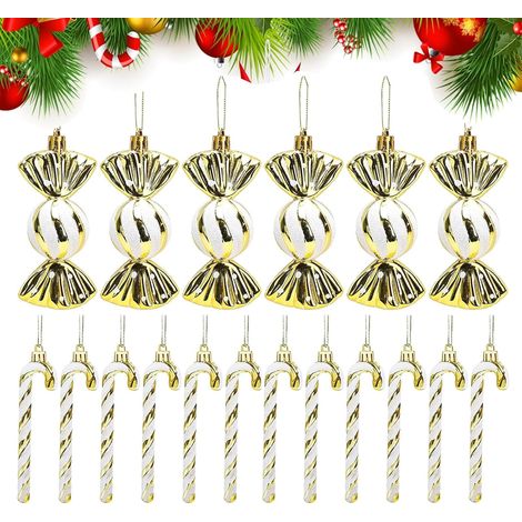 Lot de 18 décorations de Noël en sucre d'orge - Décoration de sapin de Noël - Or et blanc - Décoration de sapin de Noël à suspendre - Décoration de fête de Noël (1/5)