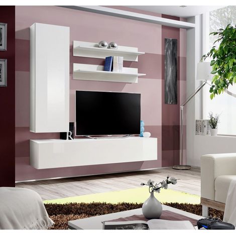 Ensemble meuble TV mural  - Fly I - 160 cm x 170 cm x 40 cm - Blanc - Livraison gratuite