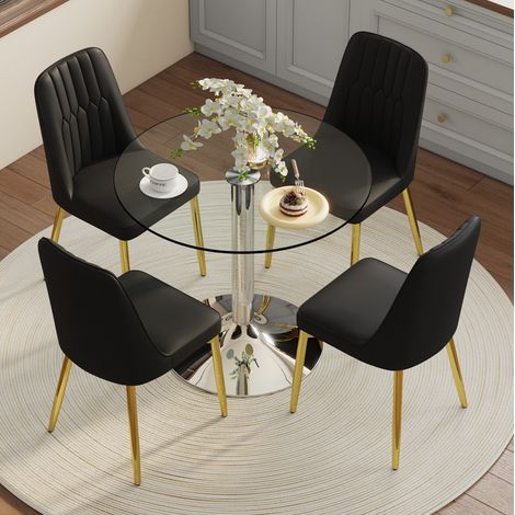 Ensemble table à manger ronde 85 cm en verre de sécurité avec 4 chaises PU noires, noir/doré (1/5)