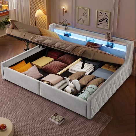 Lit coffre 140x200 LED, flanelle beige Off White HAVRYA (1/5)