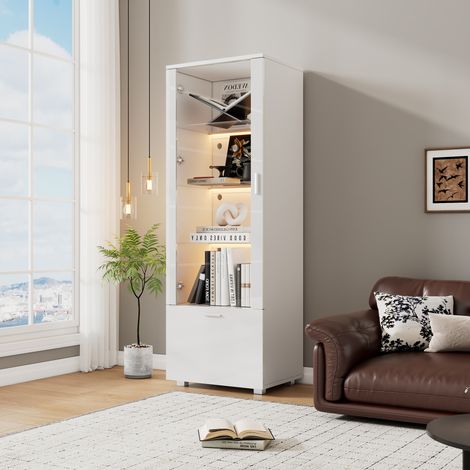 Vitrine haute 50 x 40 x 160 cm blanc laqué avec porte acrylique et LED, 3 tablettes en verre trempé, 4 niveaux ouverts + 1 rangement caché bas, vitrine de collection parfums et livres, 20 couleurs et (1/5)