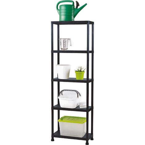 Perel Estantería con 5 baldas, Montaje sin Herramientas, con fijación a la Pared, 20 kg por balda, 80x30x181 cm, Polipropileno, Negro, Ideal para Garaje, Cocina y Oficina