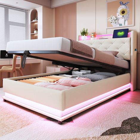 Lit simple multifonction en lin beige 90x200cm, avec tête de lit inclinable, coffre de rangement à vérin, poche pour smartphone, éclairage LED multicolore et port USB.