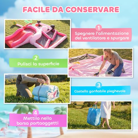 Château gonflable rose pour enfants avec toboggan, trampoline, piscine à balles et panier de basket, dimensions 255 x 230 x 196 cm.