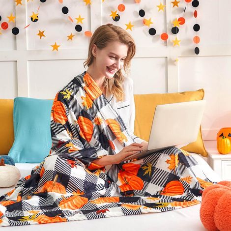 Couverture En Flanelle - Motif Citrouille Et Tournesol - 180 X 150 Cm - Pour Canapé Ou Lit - Décoration Automnale Réversible - 1 Pièce (1/4)