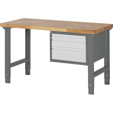 STIER Höhenverstellbare Werkbank Premium, 3 Schubladen, 150x70x79-114cm, aus pulverbeschichtetem Stahl und Buche, ideal für flexible und ergonomische Werkstätten