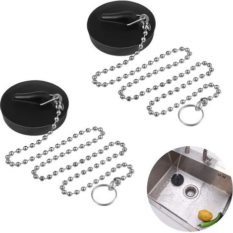 Tappo per lavandino, tappo per vasca da bagno, diametro 43 mm con catenella (cromata), 40 cm, 2 pezzi, tappo di scarico universale in gomma, tappo per lavello da cucina (1/5)