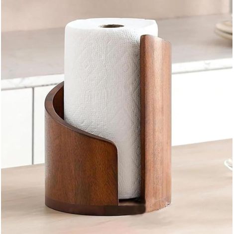 Porte-rouleau de cuisine en bois - Porte-rouleau de cuisine sur pied - Étagère de cuisine à base ronde - Organiseur de bureau - Porte-rouleau de papier - 30 × 15 × 15 cm - Bois - Couleur bois naturel (1/5)