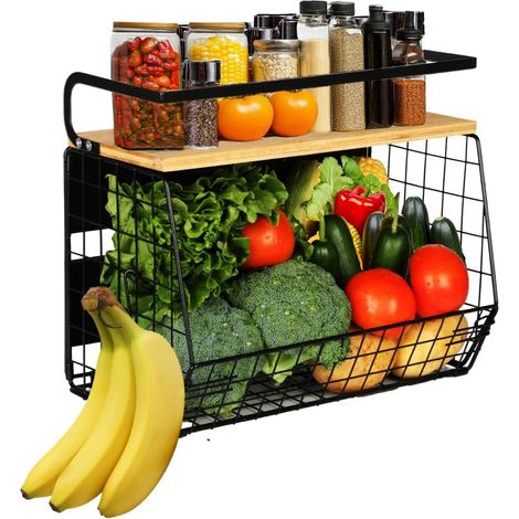 Corbeille à fruits à 2 niveaux - Corbeille à fruits en métal noir avec crochets pour bananes - 37 x 24 x 23 cm - Modèle démontable pour ranger légumes et pain dans la cuisine (1/5)