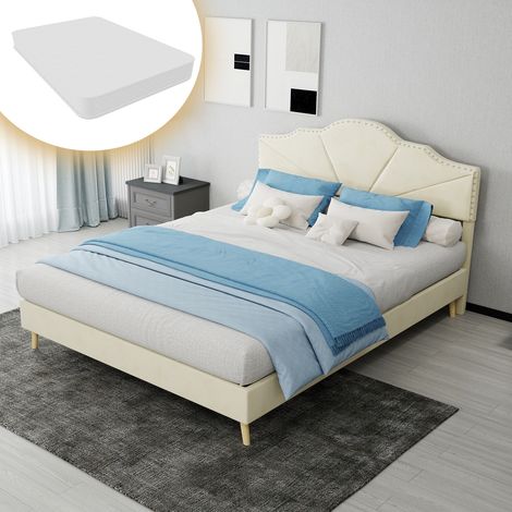 Cama 140x200 cm de tela beige con cabecero, con colchón, para dormitorio – MEUBLIV (1/5)