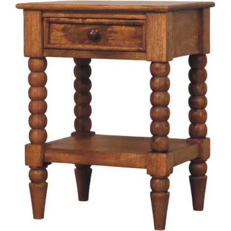 Table de chevet Spindle en bois massif, 1 tiroir, 1 étagère, marron (1/5)