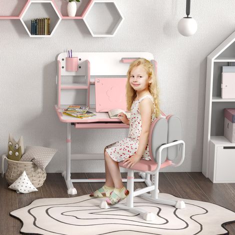 Lot de bureau 80x55x107,5 cm rose et de chaise pour enfants +3 ans de hauteur réglable avec planche basculante