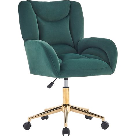 Chaise de bureau en velours vert, dossier ergonomique, hauteur réglable, roulettes pivotantes 360°, base dorée, confort home office - CHICFURN (1/5)