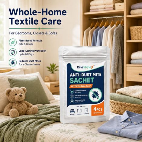 KineShineX anti-mite sachets for home use, bedding, wardrobes, pillow protection, and daily mite removal care with plant-based formula. (1/5)