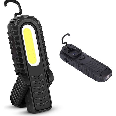 Lampe de travail LED rechargeable, lampe d'inspection avant LED COB 5W avec crochet et base magnétique pour voiture, camping, urgence (noir) (1/5)