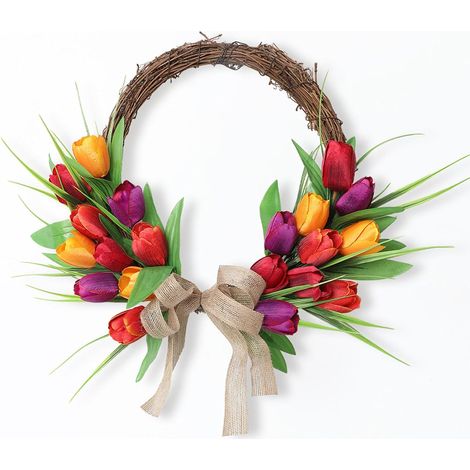 Couronne de Fleurs Artificielles de Printemps, 40cm, en Plastique Réaliste, étanche, pour Mur de Porte, Décoration Intérieure et Extérieure (Cerceau en rotin Orange Rouge Violet) (1/5)