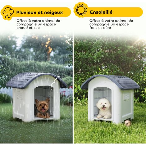 Niche pour Chien Extérieur, Maison pour Chien en Plastique avec Sol Surélevé et Amovible, Toit Imperméable, Gris (1/5)