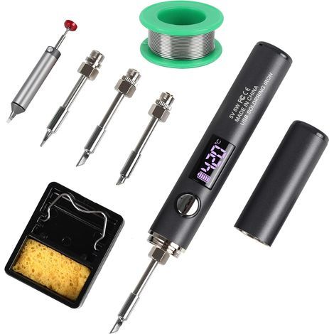 Kit de fer à souder sans fil,stylo de soudure USB-C rechargeable avec écran OLED,fer à souder à batterie portable pour la réparation de l'électronique, comprend 3 astuces et fil de soudure sans plomb (1/5)