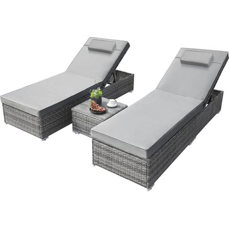 3 PCS Rattan Sun Lounger Garden Furniture Set Side Table Outdoor Day Bed Recliner Chair (1/5)