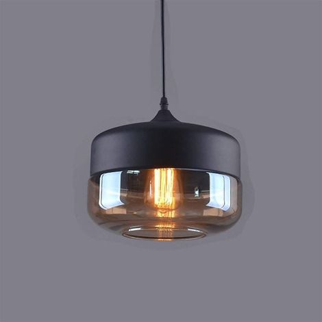 Suspension cylindrique aplatie de style contemporain rétro vintage, lustre avec abat-jour en verre et guirlande lumineuse réglable, luminaire pour salle à manger, chambre, salon, bar, fumé (1/5)