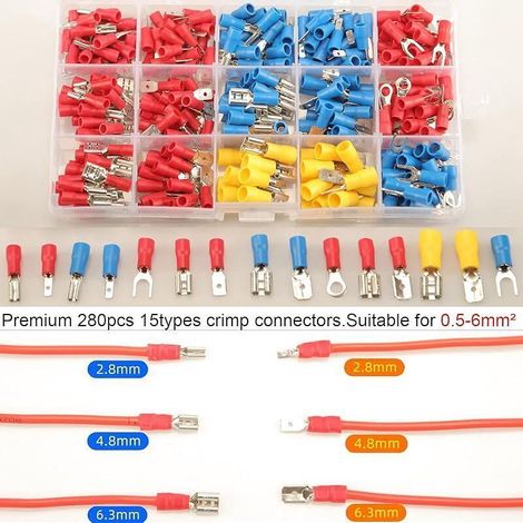 Cosses Electriques Isolée a Sertir 280 PCS, kits, Assortiment Connecteurs Ronde Cosses Plates Femelles Cosses Fourches (1/3)