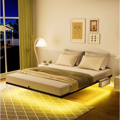 Lit 140x200 cm noir – cadre flottant avec LED et charge, sans matelas (1/5)