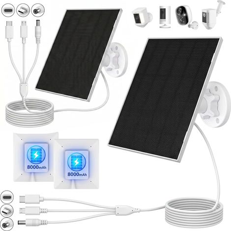 Lot de 2 panneaux solaires 5 W/5 V avec batterie intégrée de 8000 mAh chargeur solaire 3 en 1 de 3 m avec ports micro USB et USB-C CC, pour caméras de surveillance, caméras de sécurité (1/5)