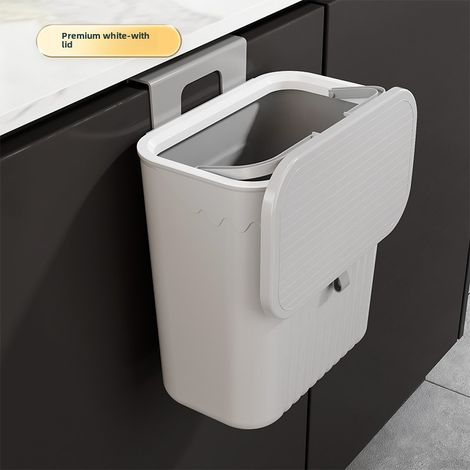 Poubelle murale de cuisine soigneusement sélectionnée avec couvercle, corbeille à papier spéciale pour toilettes et salle de bain, poubelle suspendue à pression (blanche avec couvercle) (1/5)