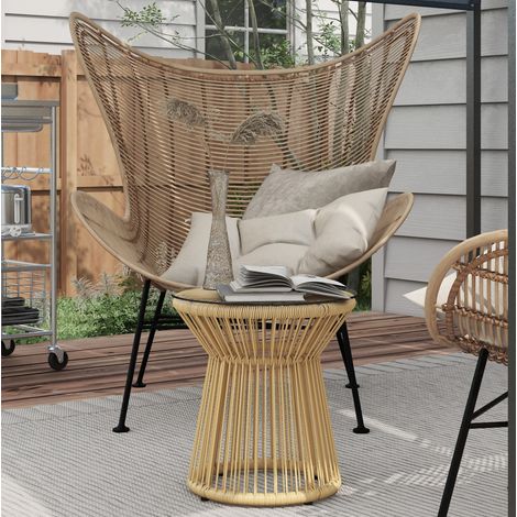 Mesa auxiliar de jardín redonda de ratán PE beige con tablero de vidrio templado, estilo boho (1/5)