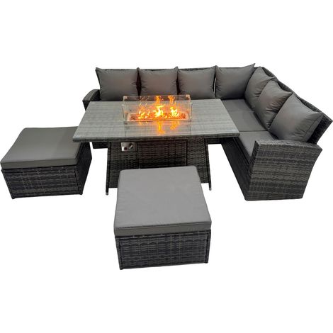 Fimous Outdoor Furniture Garden Dining Set Rattan Corner Sofa Set Gas Fire Pit Table with Temper Glass 2 Big Footstools Dark Grey Mixed (1/5)