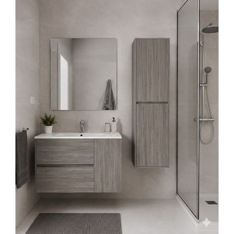 Mobile Bagno HEIMDALL Già Montato 2 cassetti e porta, lavabo e specchio Rovere affumicato 50x40 cm con colonna