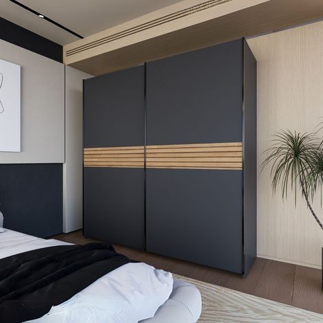 Armadio due ante scorrevoli Metropol colore antracite e inserti rovere – 200x58,1x204,5H (1/5)