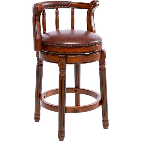 Tabouret de bar en cuir pleine fleur avec dossier et pivot à 360°, hauteur de comptoir, bois blanc ivoire (1/5)
