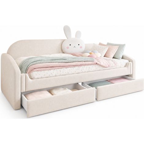 Letto per bambini 90x200 cm imbottito in velluto beige con 2 cassetti, LED, testiera sagomata con cuscino coniglio e sponde laterali – CHICFURN (1/5)